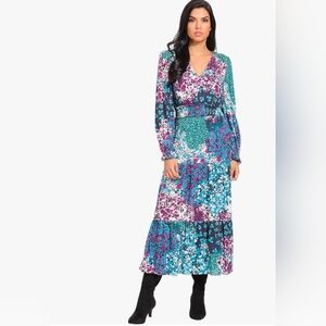 London Times Teal and Purple Floral Long Sleeve Dress